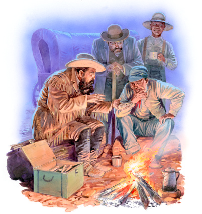 Illustration of paleontologist and Yale professor Othniel Marsh discussing fossil discovery with men around camp fire as Matthew Randall stands in background